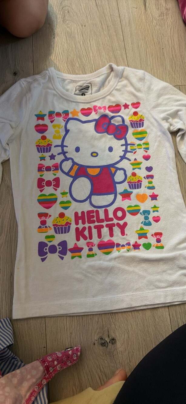 Hello Kitty Girls White Graphic Long Sleeve T-Shirt with Rainbow Cupcake and Bow